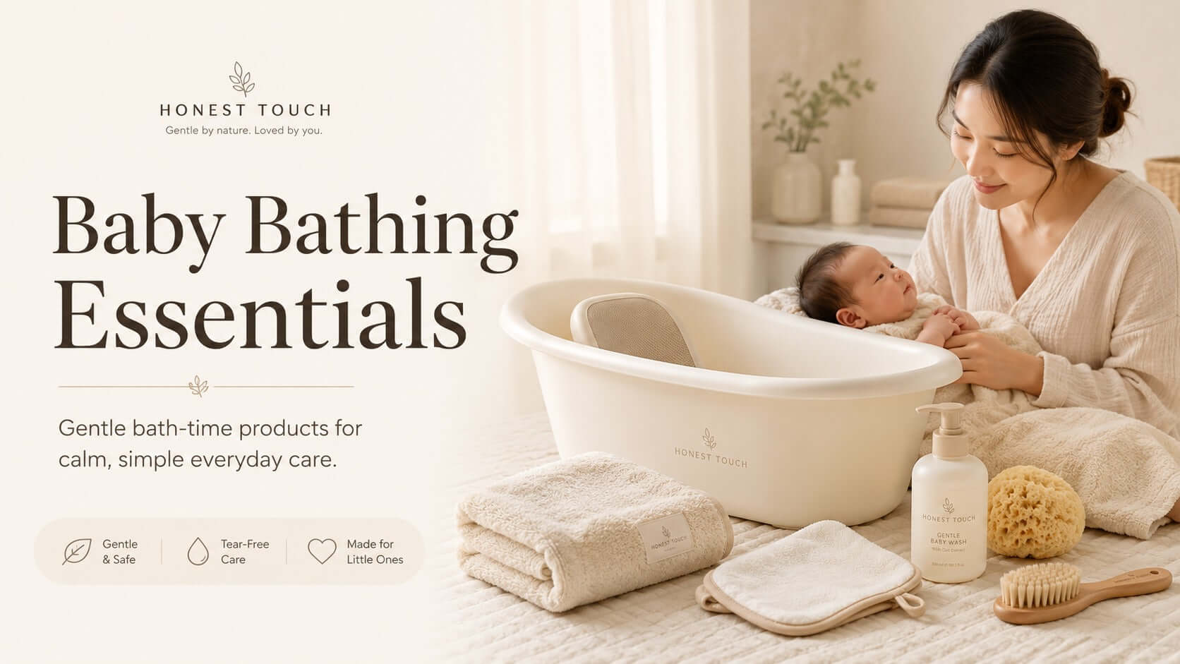 A mother gently bathes her baby using Honest Touch Baby Bathing Essentials, including a bathtub, lotion, and soft towels for gentle care.
