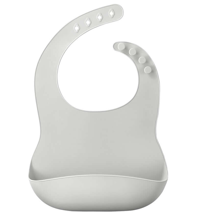 Soft silicone baby bib in light grey with adjustable neck and catch-all pocket for easy, mess-free mealtime