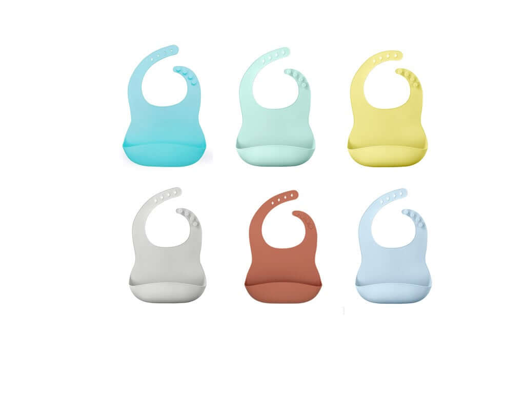 Collection of six soft silicone baby bibs in blue, mint, yellow, gray, rust, and light blue, perfect for mess-free mealtime.