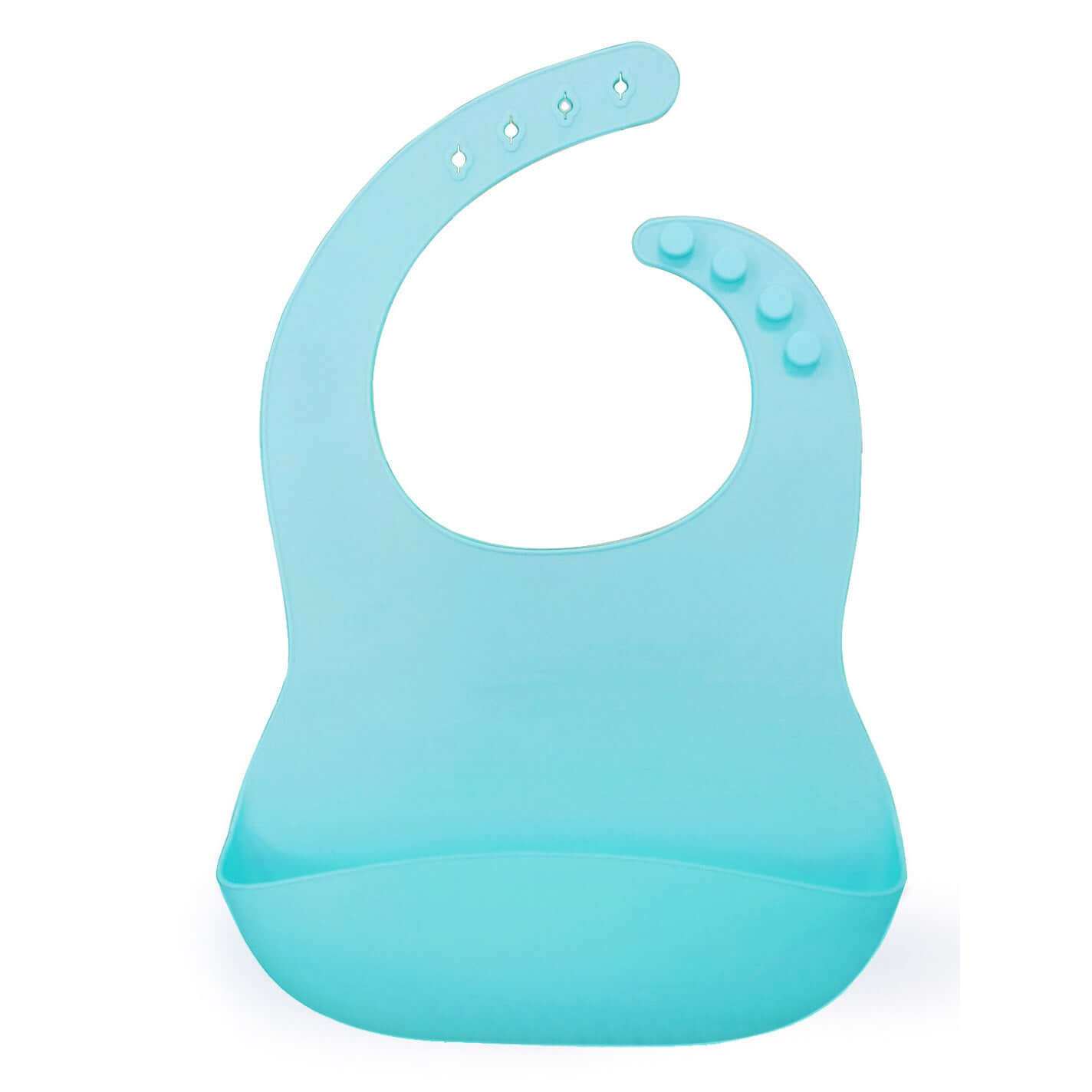 Light blue soft silicone baby bib with adjustable neck closure and wide food-catching pocket for easy, mess-free mealtimes.