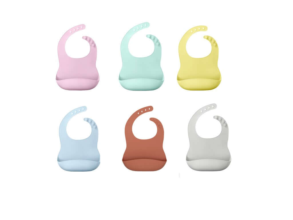 Assorted soft silicone baby bib collection for mess-free mealtimes. Features adjustable neck and food-catching pocket.