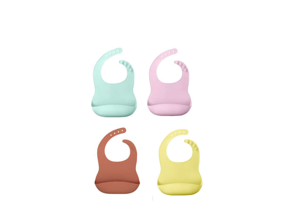 Set of four soft silicone baby bibs in assorted colors: blue, pink, brown, yellow. Easy clean & mess-free mealtime.
