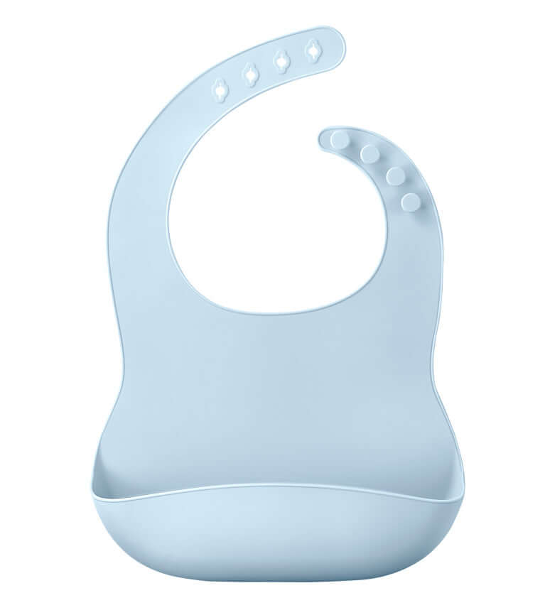 soft silicone baby bib in light blue, adjustable for easy clean and mess-free mealtimes, 100% food-grade