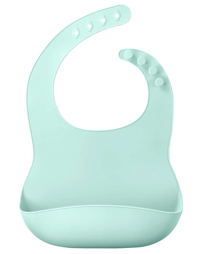 Light blue soft silicone baby bib with catch-all pocket for easy clean & mess-free mealtime, 100% food-grade for comfort & safety.
